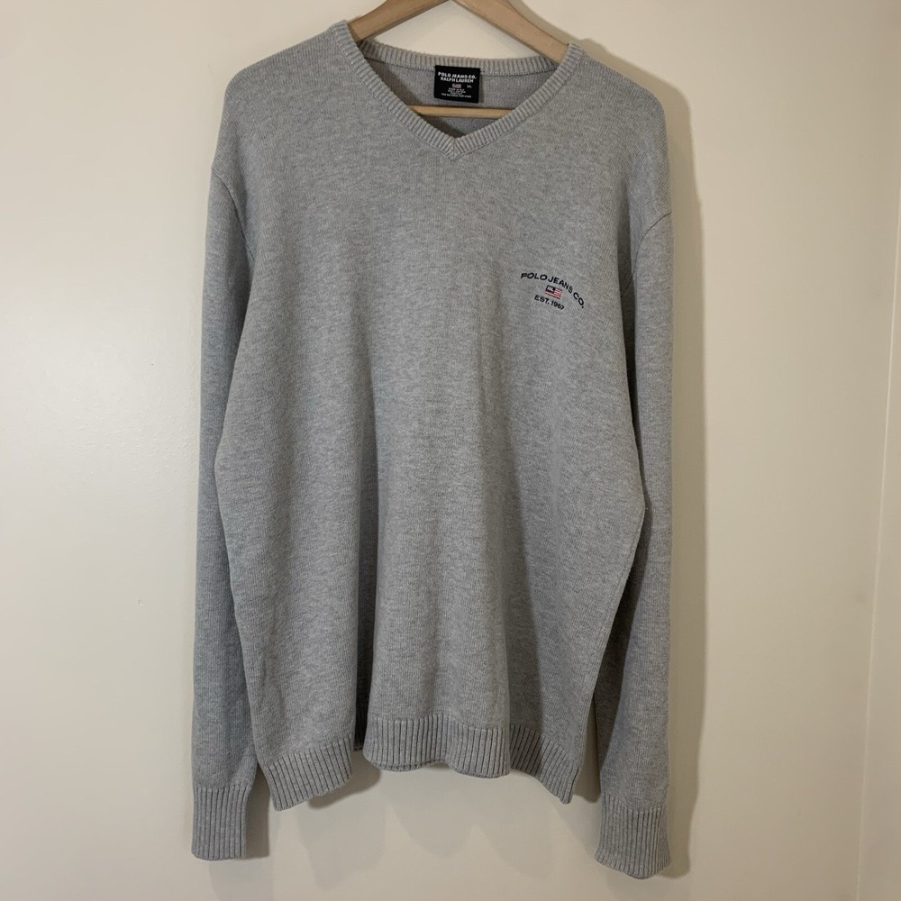 Polo Jean Co Ralph Lauren Mens Sweater XL Gray Cotton V Neck Flag Logo Preppy
